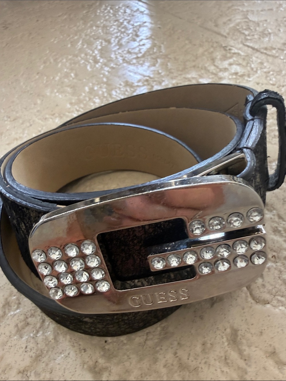 GUESS Black Belt with Silver Crystal-Embellished G Buckle